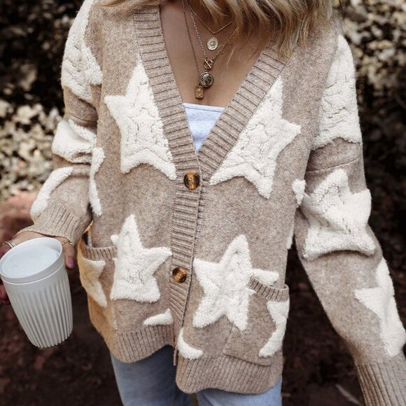Khaki Casual Women's Cute And Star Pattern Loose Fit Cardigan - Picture 4 of 8
